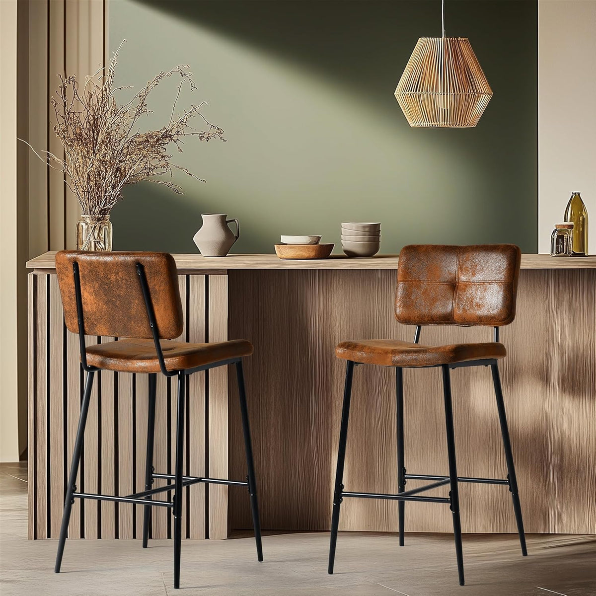 MEUBLE COSY Set van 6 barkrukken, hoge kruk met rugleuning en voetensteun, gevoerde keukenstoel van suède, voor toonbank, eetkamer en thuis, bruin