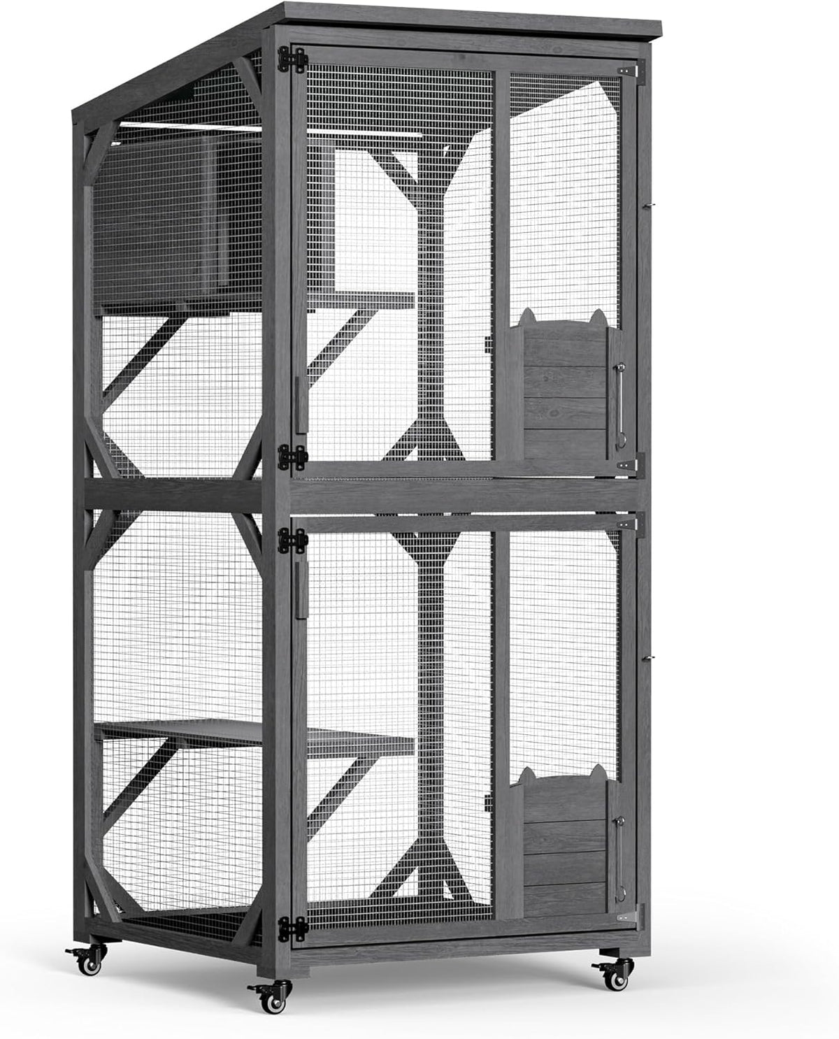 Wiltec buitenverblijf voor katten 74 x 78 x 180 cm, kattenvolière van dennenhout, kattenhuis met 3 niveaus en wielen, kattenverblijf voor tuin, balkon, kattenhut voor katten en dieren