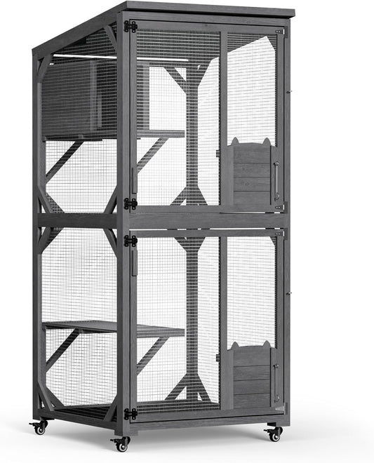 Wiltec buitenverblijf voor katten 74 x 78 x 180 cm, kattenvolière van dennenhout, kattenhuis met 3 niveaus en wielen, kattenverblijf voor tuin, balkon, kattenhut voor katten en dieren