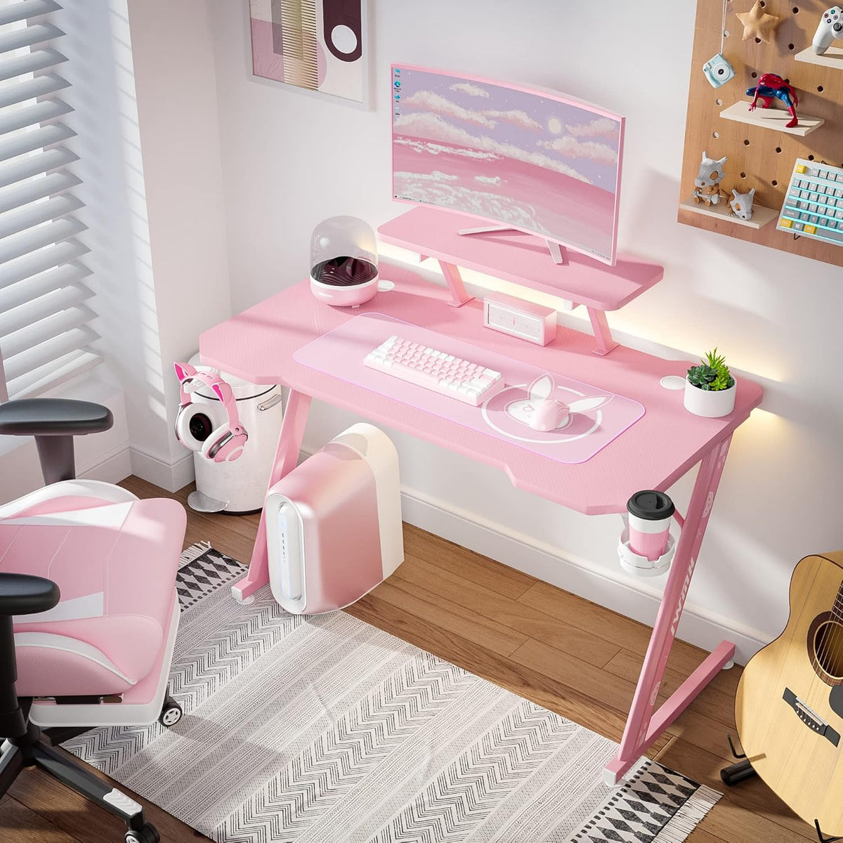 Intimate WM Heart Gaming Bureau, grote ergonomische gaming computer bureau, koolstofvezel tafelblad E-Sports bureau met verstelbare monitor plank, draaibare oortelefoon, beker, handvat houders, roze