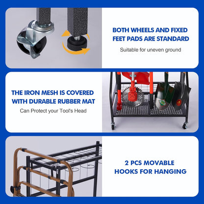 Tuingereedschap Opbergen - Gereedschapsorganizer - Tuingereedschapsrek - met Haken - Wielen - 3-tier Metalen Utility Planken - Opslag Houder - voor Gazon - Schuur - Garage - Tuin - 71 x 26.5 x 71.5 cm - Zwart