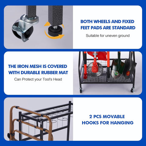 Tuingereedschap Opbergen - Gereedschapsorganizer - Tuingereedschapsrek - met Haken - Wielen - 3-tier Metalen Utility Planken - Opslag Houder - voor Gazon - Schuur - Garage - Tuin - 71 x 26.5 x 71.5 cm - Zwart