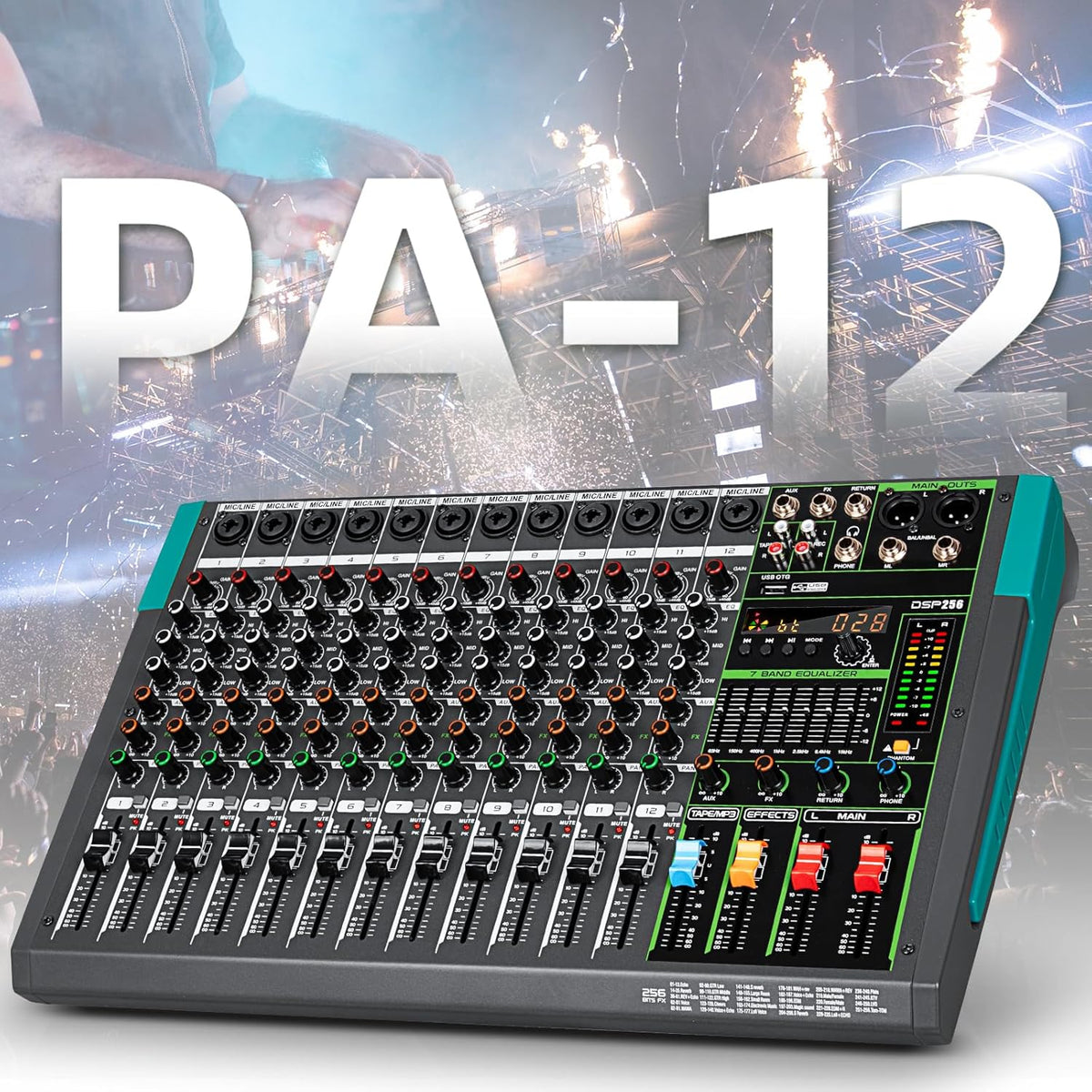 12-Kanaals Audiomixer – Mixer – Mengpaneel – Mengtafel – DJ-Mixer – Bluetooth & USB-Speler – 99 DSP-Reverbeffecten