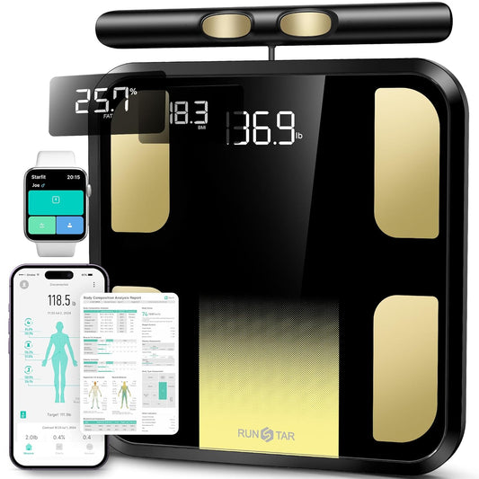 RunSTAR Digitale personenweegschaal met 8 elektroden voor lichaamsgewicht en lichaamsvet, BMI, spiermassa en analyse van 28 lichaamsmaten, app-gebruik, 3-metrische weergave, 180 kg