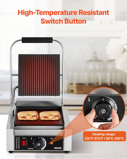 VEVOR Elektrische grill voor Panini 1800 W, sandwichplaat met geëmailleerde plaat, 22 x 23 cm, roestvrij staal, handgreep, temperatuurcontrole, voor hamburgers, steaks