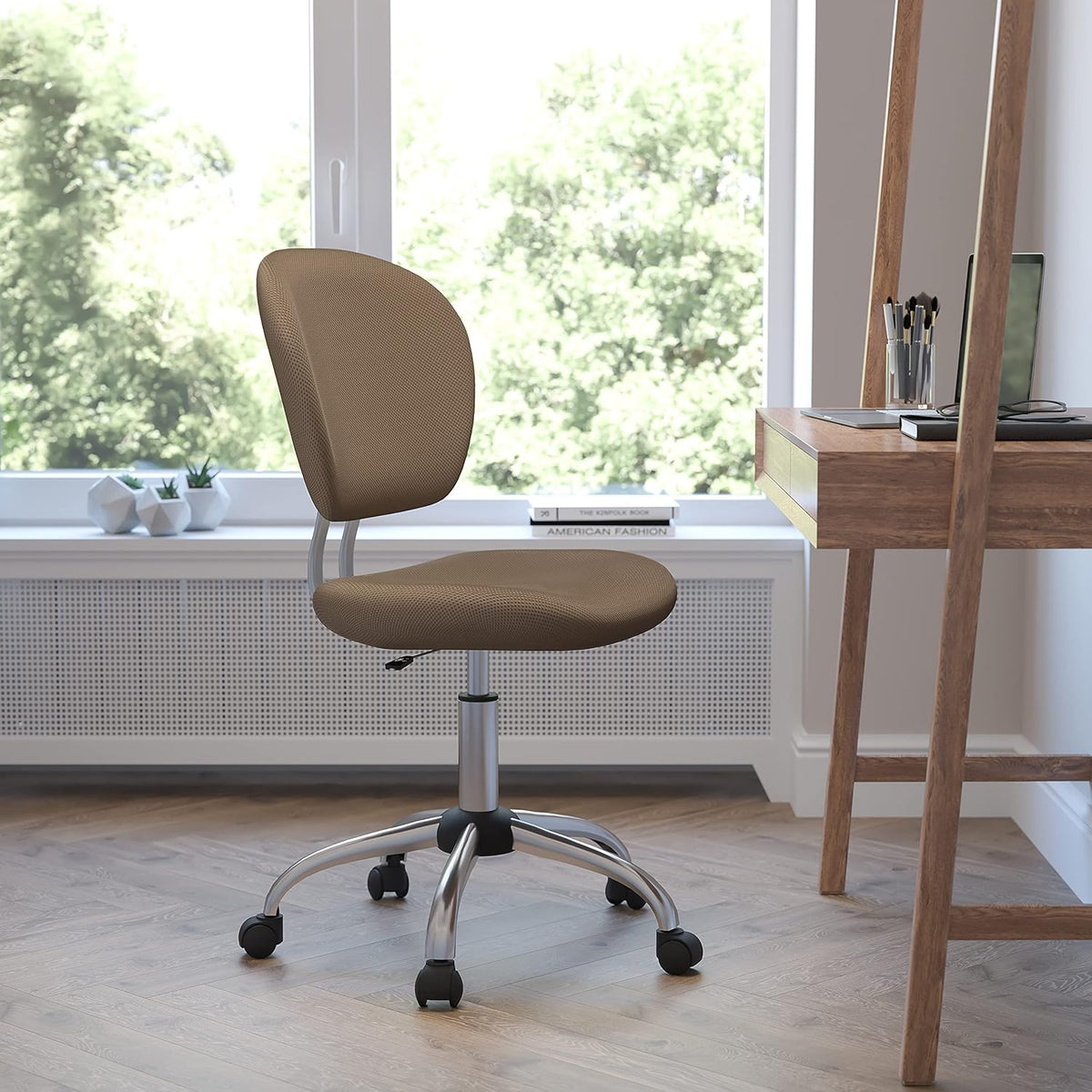 Flash Furniture Beverly Bureaustoel met gemiddelde rugleuning, netstof, gewatteerd, met chromen sokkel, koffiebruin