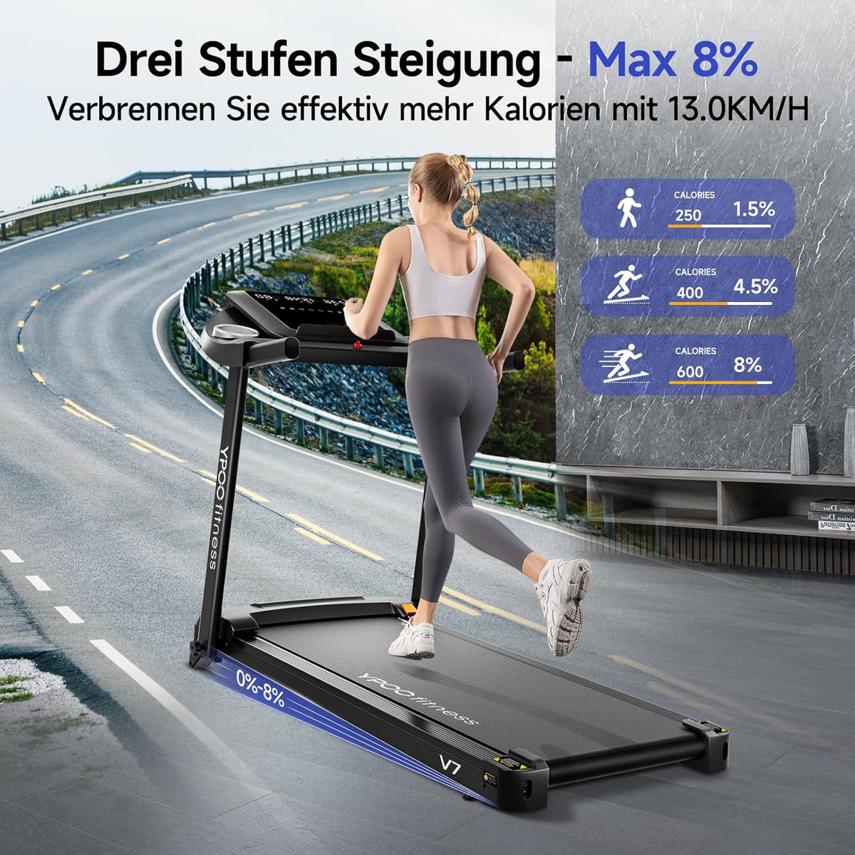 Loopband – Treadmill – Hardloopband – Fitnessapparaat – Trainingsapparaat – Inklapbaar Ontwerp – 8% Helling – Groot Loopvlak 106x38 cm – Max 13 km/u – 2,5 PK Motor – LED-Display – App Connectiviteit – Max 140 kg Belastbaar