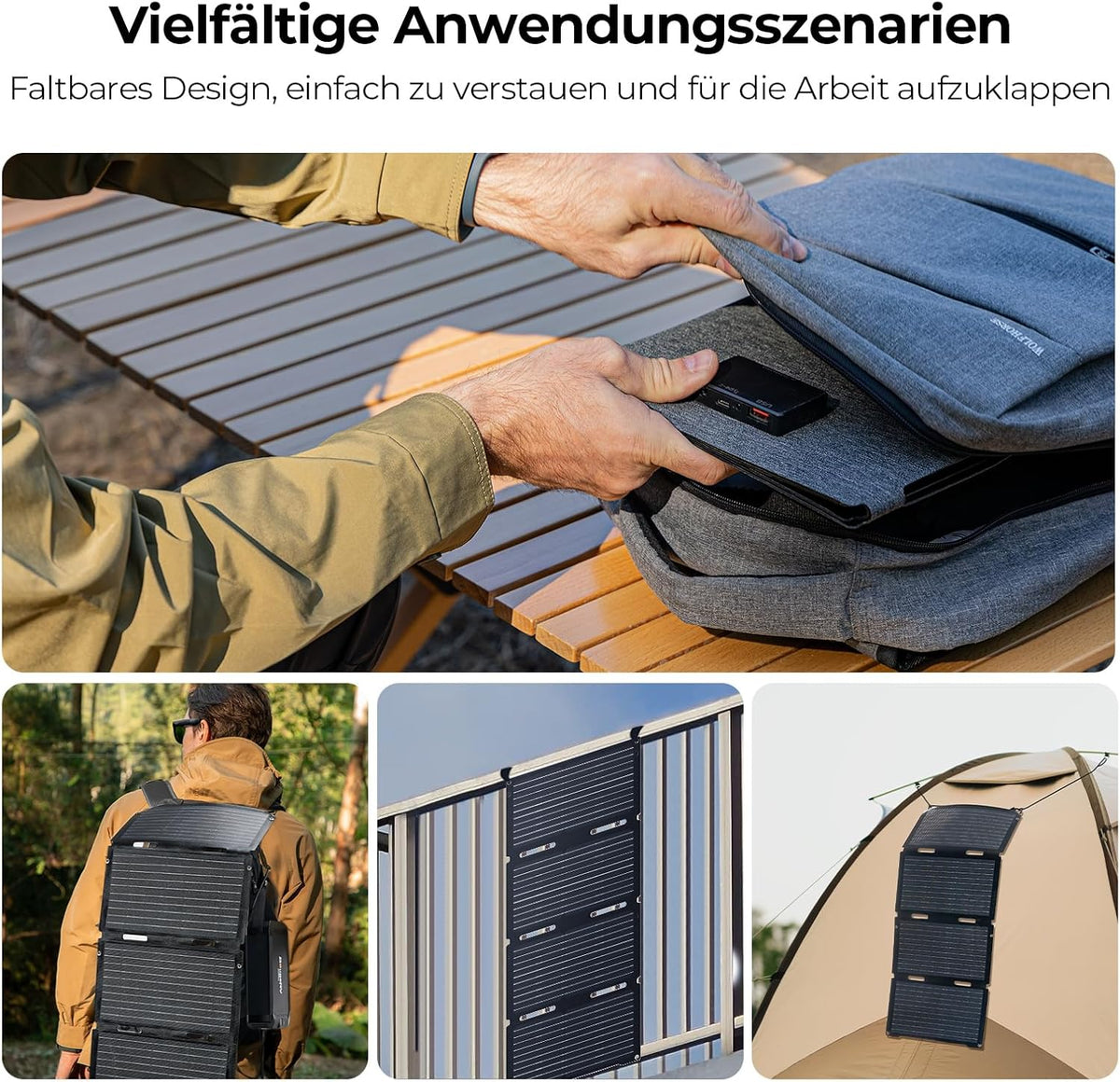 BougeRV 50 W ETFT opvouwbaar zonnepaneel, glasvezel 270 graden, 0,8 kg, zonnepaneel met DC/USB-C/USB-A-uitgangen, draagbaar zonnepaneel met karabijnhaak, compatibel met mobiele telefoon, tablet, klein