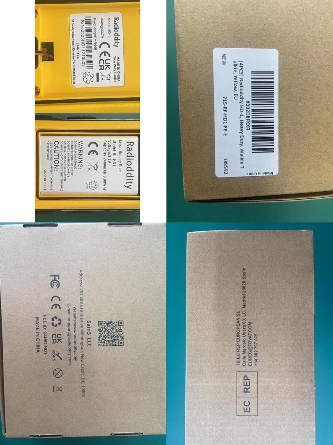 Radioddity HD-1 Walkie Talkie IP67 waterdicht, vergunningsvrij, robuuste PMR stof- en schokbestendig groepsgesprek met één knop SOS-alarm dubbele PTT USB-C-oplaadstation en basisstation, 4 stuks, geel