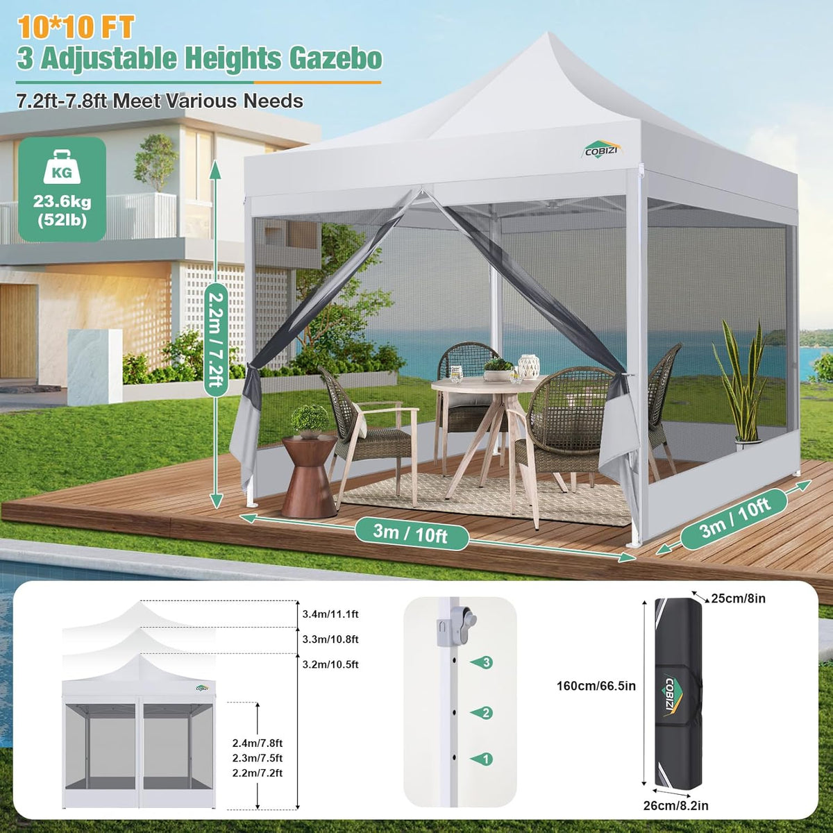 COBIZI Canopy Tent 10x10 Heavy Duty pop-up luifel met zijwanden waterdicht, eenvoudig op te zetten tuinhuisje met klamboe, outdoor mesh schermtenten voor feesten bruiloft feest met draagtas, wit