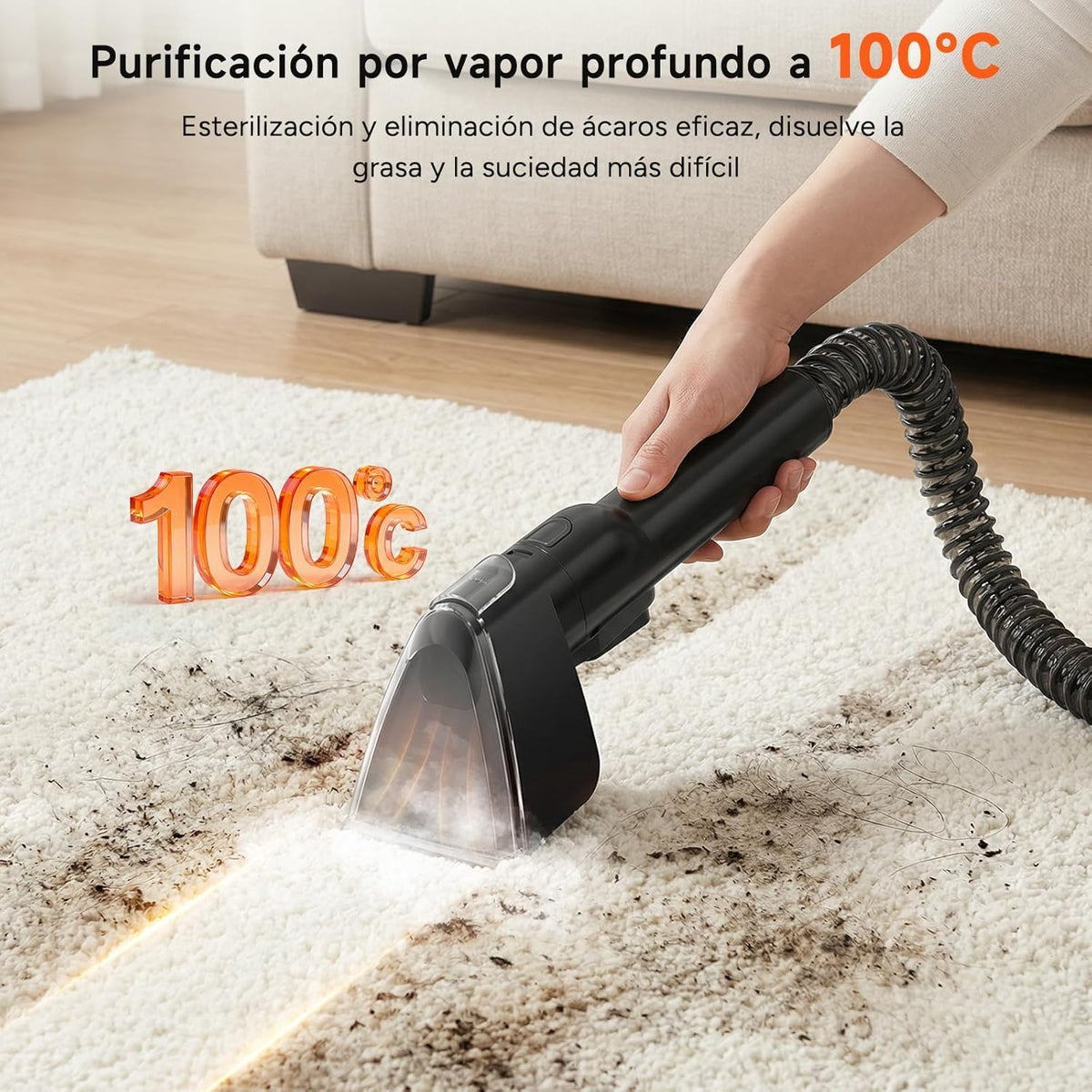 Woox Aspiradora de Agua Tapiceria portátil con vapor caliente, Máquina limpiadora de alfombras 15Kpa de alta succión con accesorios exclusivos Limpiador a vapor 2 en 1 para tapicerías, coches