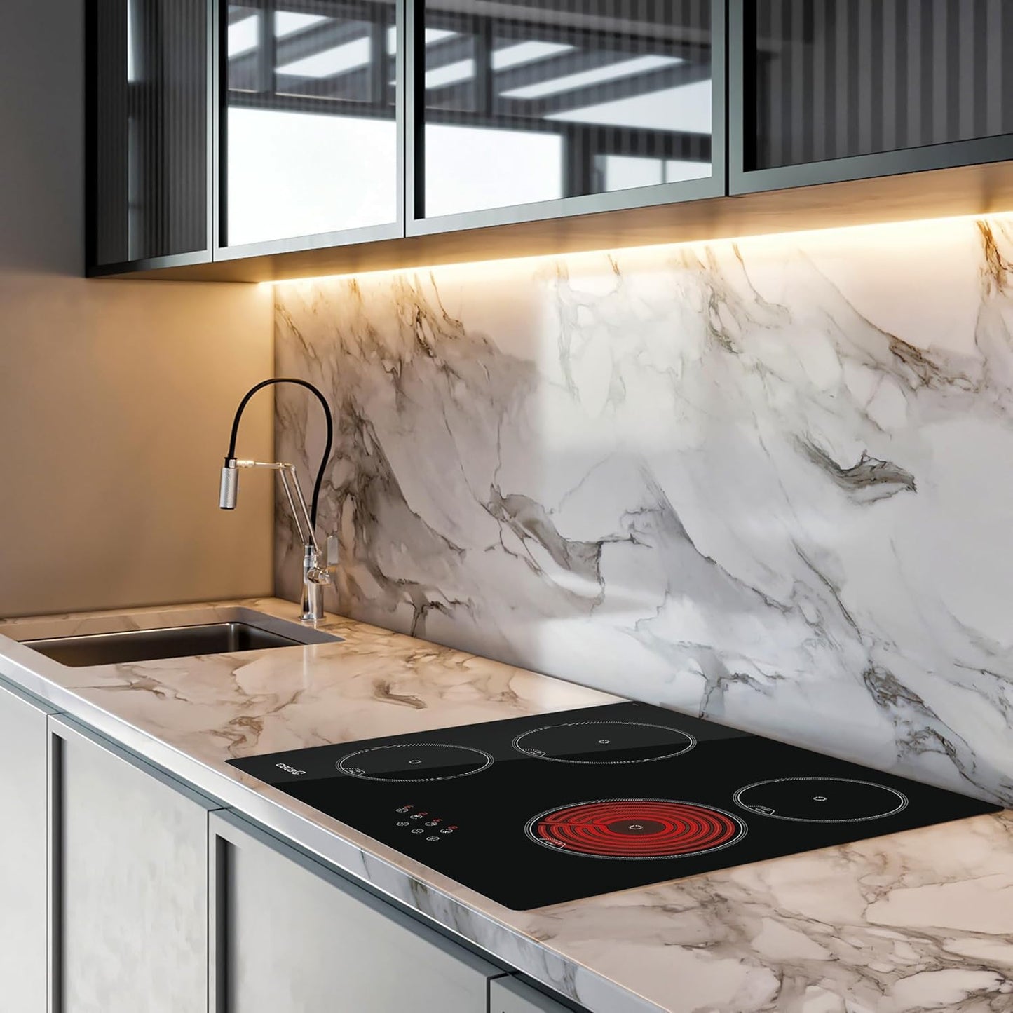 Keramische Kookplaat – Inductiekookplaat – Glaskeramische Kookplaat – Elektrische Kookplaat – Kookveld – 4 High Light Kookzones – 9 Vermogensniveaus tot 6 kW – Tactiele Touchbediening met Akoestische Waarschuwing – Breedte 59 cm