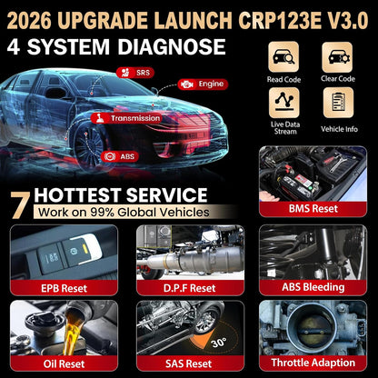 Launch CRP123E V2.0 OBD2 diagnostische apparaat auto uitlezing auto Code Reader voor motor, ABS, SRS, automatische transmissie, 7 resets: ABS ontlucht/olie/SAS/gasklep/PF/EPB etc