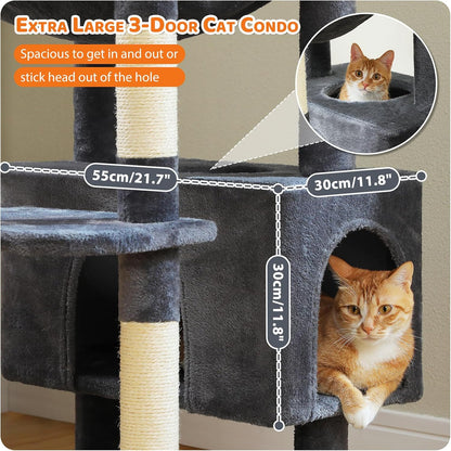 PAWZ Road Scratching Post for Large Cats, Stable 205 cm Scratching Post for Large Cats with Hammock, 7 Sisal Posts, Large Sitting Pole, Caves, Baskets, High Scratching Post for Indoor Cats, Dark Grey - QUORE