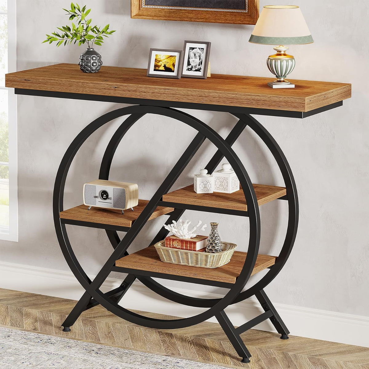 Tribesigns Console Table, 100cm Entrance Table with Thickened Tabletop, 4 Tier Industrial Narrow Hallway Sofa Table with Geometric Metal Frame for Living Room, Entrance (Light Brown)