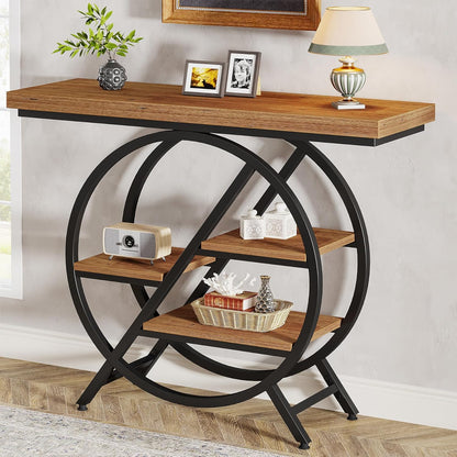 Tribesigns Console Table, 100cm Entrance Table with Thickened Tabletop, 4 Tier Industrial Narrow Hallway Sofa Table with Geometric Metal Frame for Living Room, Entrance (Light Brown)
