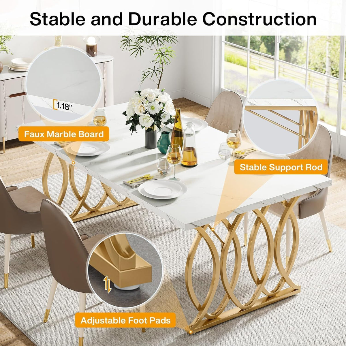Tribesigns Modern Dining Table, Kitchen Table, 160 x 80 x 75 cm, Dining Table For 6 People with Imitation Marble Tabletop and Geometric Legs, White and Gold