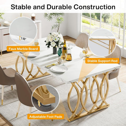 Tribesigns Modern Dining Table, Kitchen Table, 160 x 80 x 75 cm, Dining Table For 6 People with Imitation Marble Tabletop and Geometric Legs, White and Gold