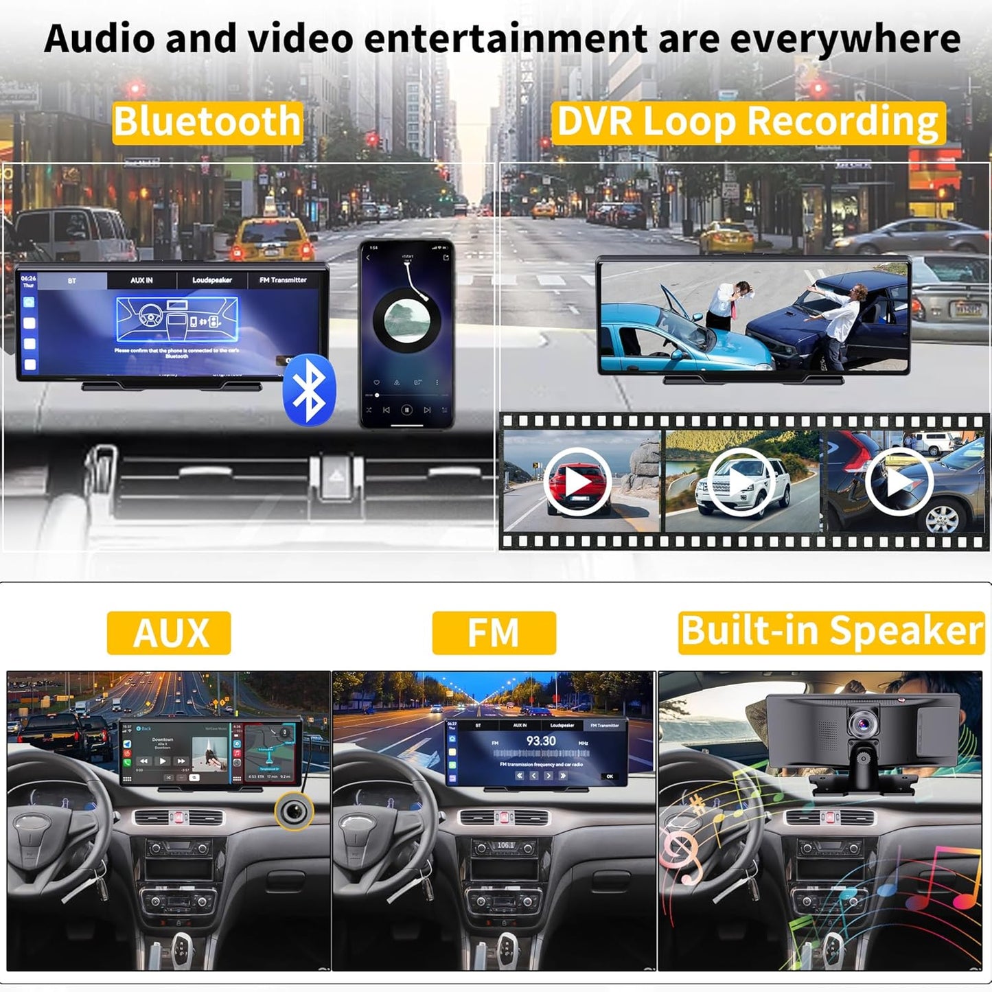 SCUMAXCON Draagbare Auto Stereo Draadloze CarPlay Android Auto 4 K Dash Cam met Backup Cam Airplay 10.3 inch IPS Touchscreen Loop Opname GPS Navigatie Bluetooth FM AUX Ingebouwde Speaker Android Cast