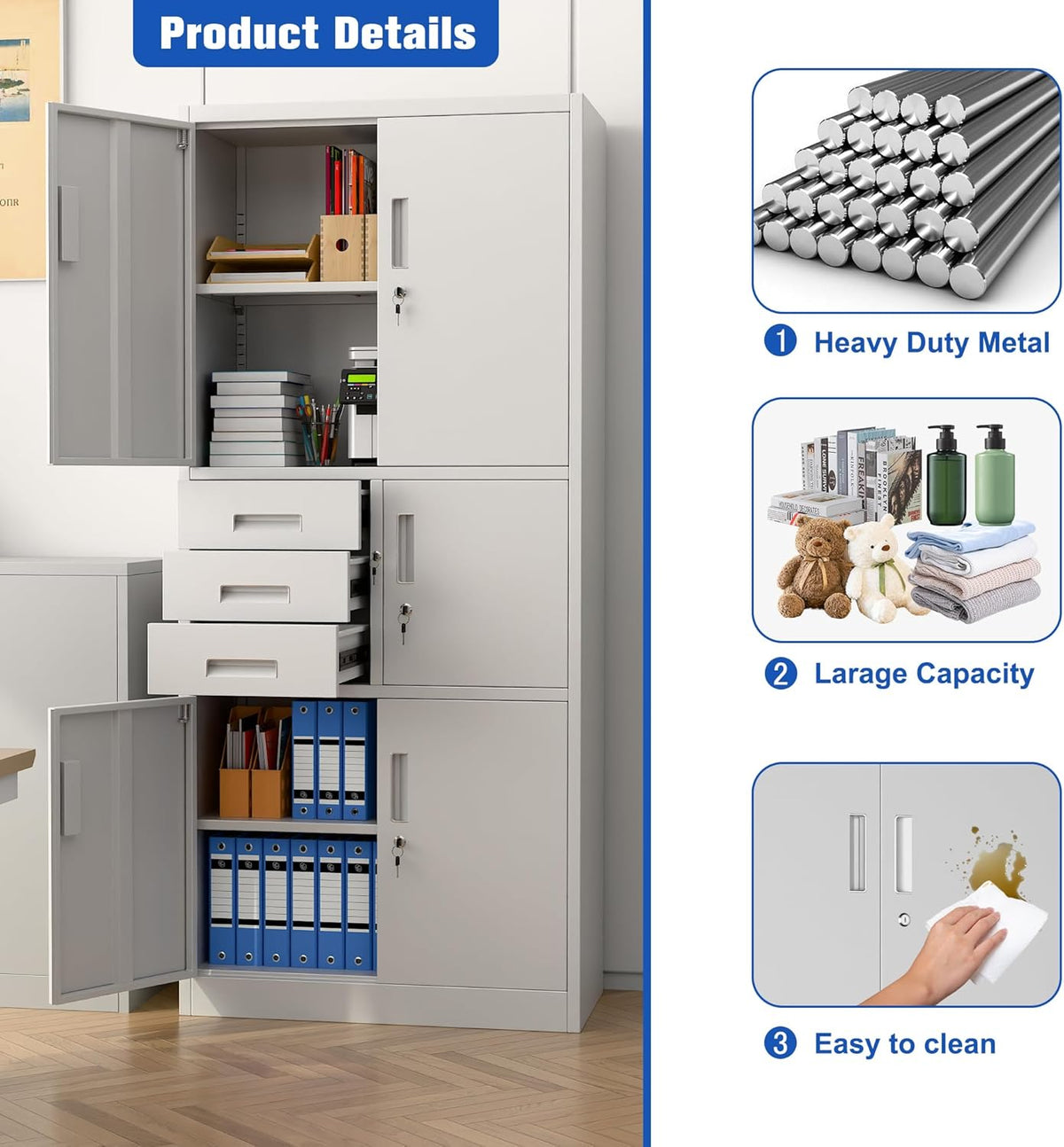 Filing cabinet, metal cabinet with three drawers, magazine cabinets, sheet steel powder coating, steel cabinet for tools, office, 180 x 80 x 40 cm (white - QUORE
