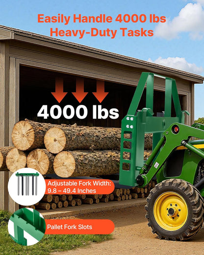 VEVOR Quick attachment, 1810 kg load capacity, pallet fork frame attachment with 122 cm forks, forklift knives, 50.8 mm hitch and spearhead sleeves, suitable for JD tractors