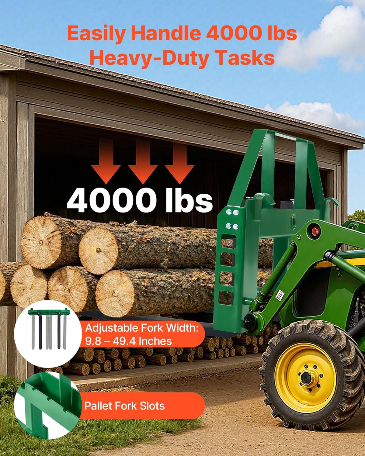 VEVOR Quick attachment, 1810 kg load capacity, pallet fork frame with 915 mm long forks, forklift knives, 5 cm hitch and spearhead sleeves, suitable for JD tractors