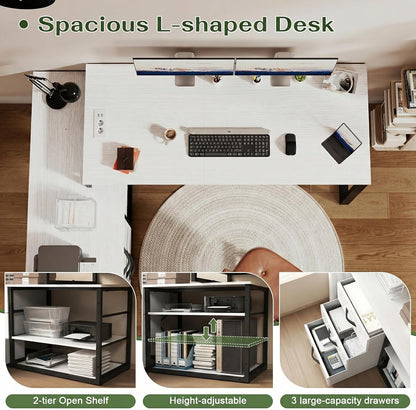 JUMMICO Hoekbureau met 3 laden, omkeerbaar L-vormige computerbureau 140x105cm met extra opbergruimte, bureaus met stopcontact, verstelbare scheidingshoogte, wit