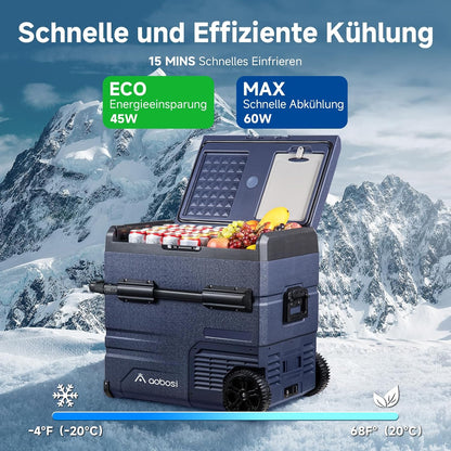 AAOBOSI Compressorkoelbox, 55 liter, koelbox auto met accu, app, led-touch, tot -20 °C, autokoelbox, 12 V, 230 V, voor camping, vrachtwagen, boot, camper, dubbele zone onafhankelijke controle