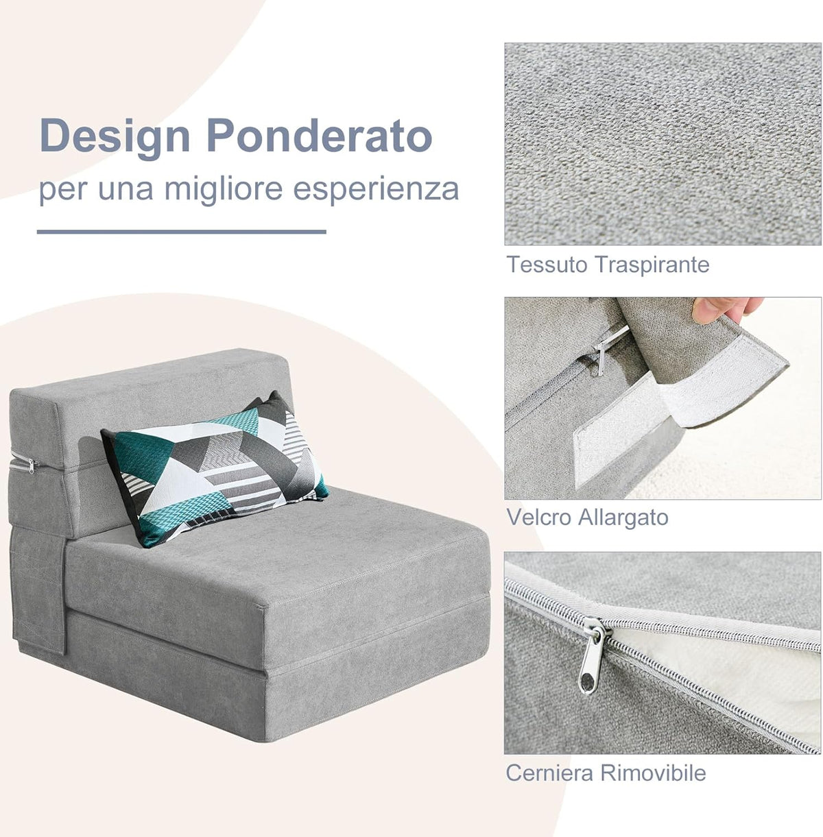 ANONER Memory Foam Folding Sofa Bed with Cushion Twin Size Futon Sleeping Chair for Living Room Apartment (Single, Light Grey) - QUORE