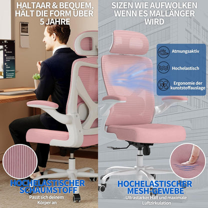 TRALT Bureaustoel, ergonomische bureaustoel met verstelbare lendensteun, hoofdsteun, bureaustoel, gamingstoel in X-vorm, bureaustoel, computerstoel, 150 kg, roze