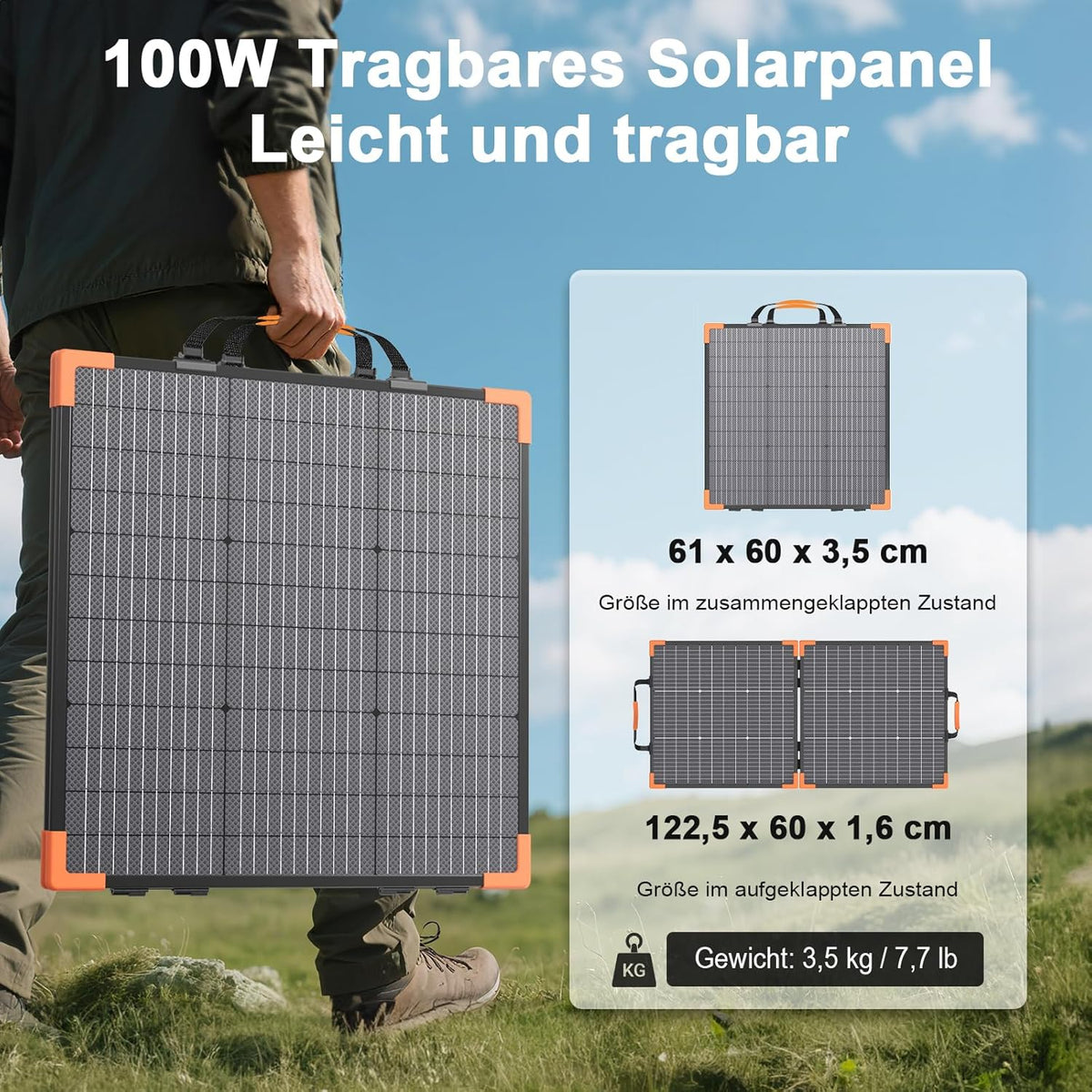 Bifaciaal draagbaar zonnepaneel van 100 W, voor krachtcentrales, 20 V, opvouwbare zonne-oplader met IP68-waterdichtheid, 23,5% hoog rendement met 2 versterkte steunen, voor kamperen en campers