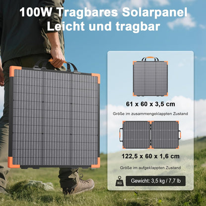 Bifaciaal draagbaar zonnepaneel van 100 W, voor krachtcentrales, 20 V, opvouwbare zonne-oplader met IP68-waterdichtheid, 23,5% hoog rendement met 2 versterkte steunen, voor kamperen en campers