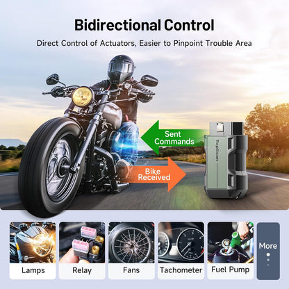 TopScan Motorfiets OBD2 Scanner Diagnostisch Hulpmiddel, Draadloze Motorfiets OBD2 Code Reader Past voor Harley, Ducati, BMW, Alle Systemen Motorbike Scan Tool met Hot Reset Functies, Data Stream
