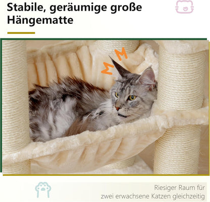 Krabpaal – Kattenboom – Kattenmeubel – Krabmeubel – Krabton – Extra Groot – 168 cm Hoog – 11 cm Sisal Palen – Grote Hangmatten – Beige - QUORE