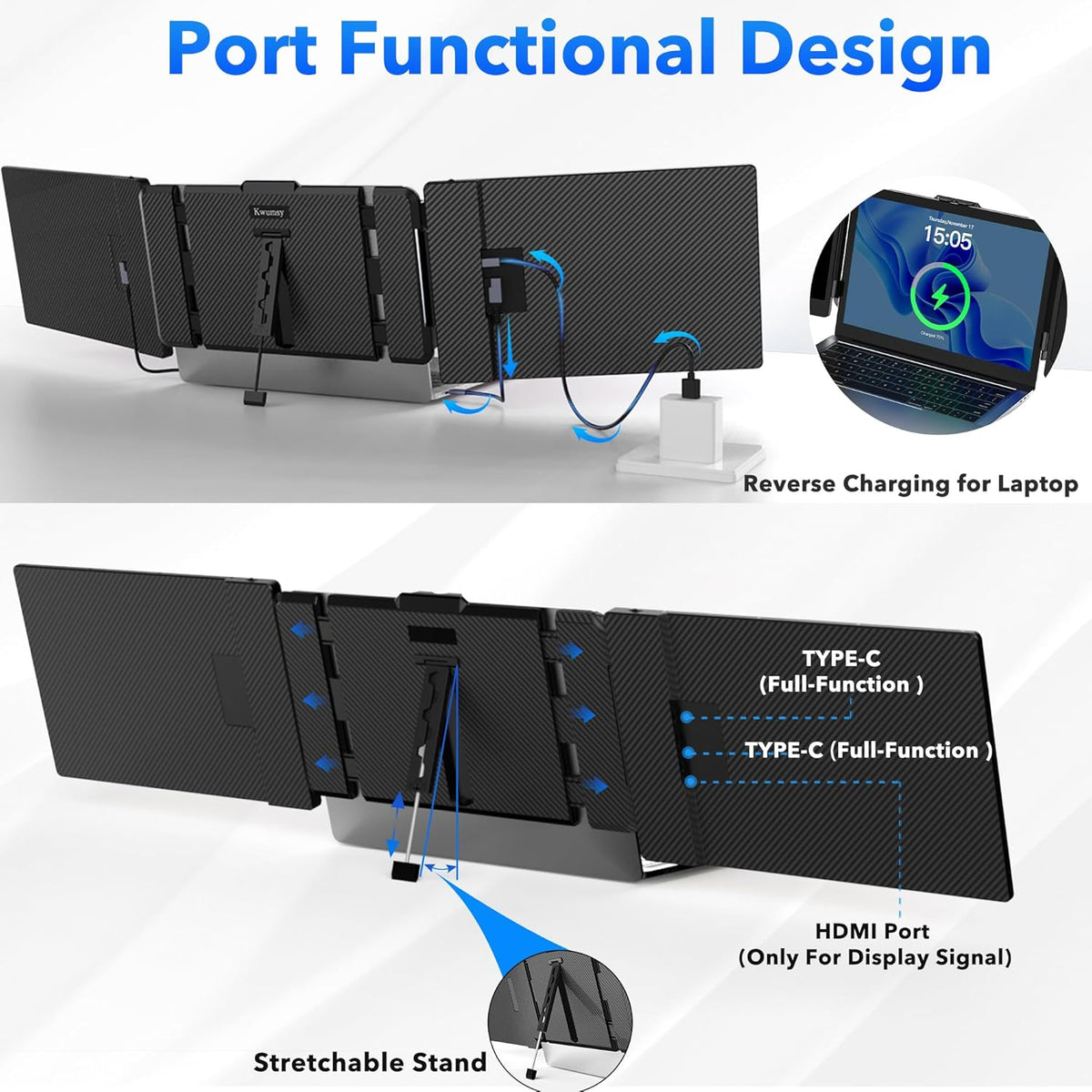 Kwumsy Portable Monitor For Laptop-14" Full HD 1080p Display Dual Triple Monitor Screen Extender,Compatible With Windows/Mac/Chrome For 13''-17.3'' Maximum Width 405mm Laptops. - QUORE