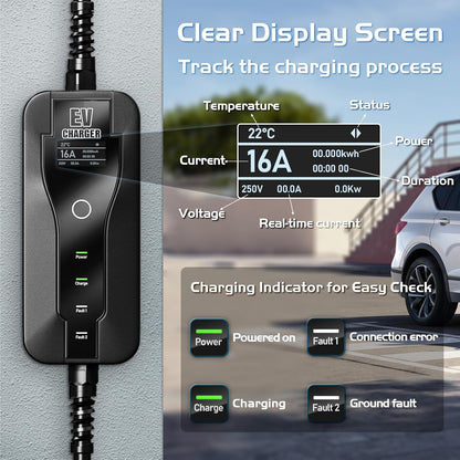 5M EV Oplader Type 2, Type 2 EV-Oplader, 3.6kW Elektrische Voertuiglader, 8-16A Schakelbare Stroom, met Controleerbare Digitale Display, Elektrische Auto Oplaadkabel, met Zak (SAE J1772)