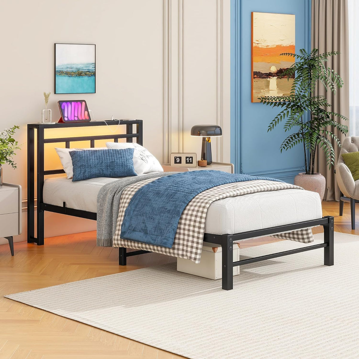Bed 90 x 200 cm met lattenbodem van metaal, bedframe, 90 x 200 cm, met ledverlichting, metalen bed met stopcontact en 2 USB-oplaadfuncties, metalen bed met houten hoofdeinde, opbergruimte, bedframe