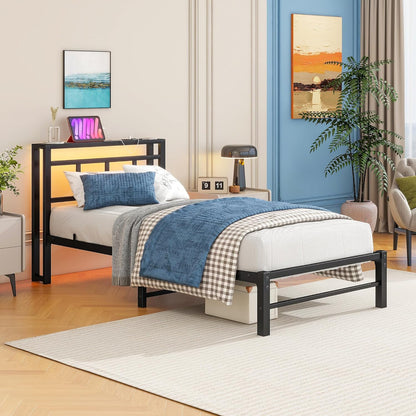 Bed 90 x 200 cm met lattenbodem van metaal, bedframe, 90 x 200 cm, met ledverlichting, metalen bed met stopcontact en 2 USB-oplaadfuncties, metalen bed met houten hoofdeinde, opbergruimte, bedframe