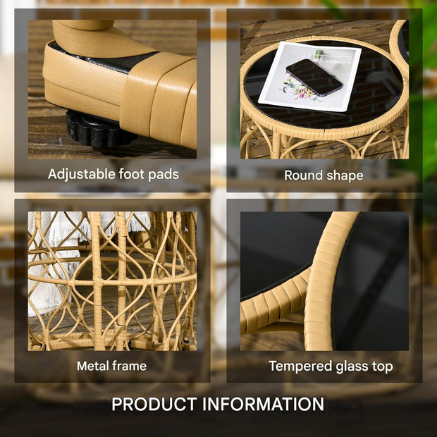 Tuintafel - Tuintafel Rond - Bijzettafeltje - Set van 2 - Rattenbijzettafel - Bistrotafel, Salontafel - met Glazen Tafelblad - Boho-Stijl - voor Terras - Tuin - Φ55 x 51 cm & Φ43 x 47 cm - Khaki/Zwart