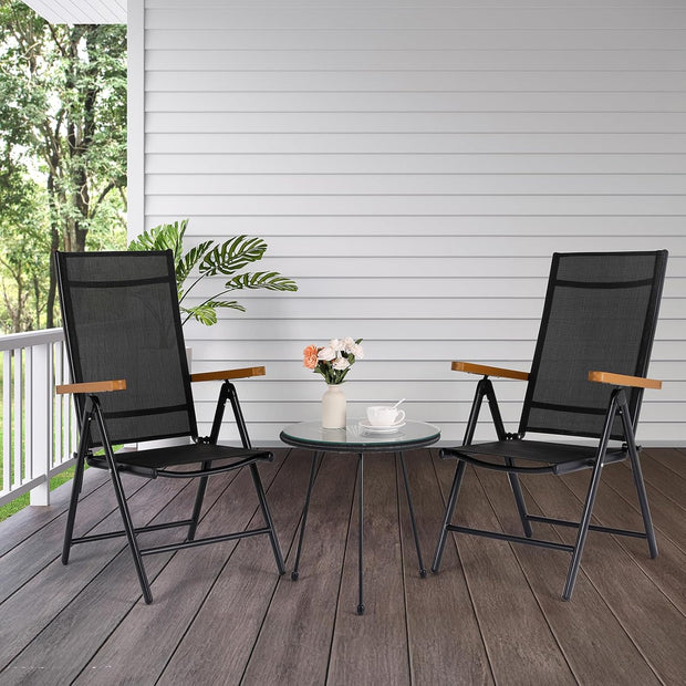 Aluminium Tuinstoelen set van 2, Inklapbare Buitenstoelen met Armleuning van Imitatiehout, 7-voudig Verstelbare Rugleuning, Ademend Balkonstoel campingstoel voor Veranda's Terrassen