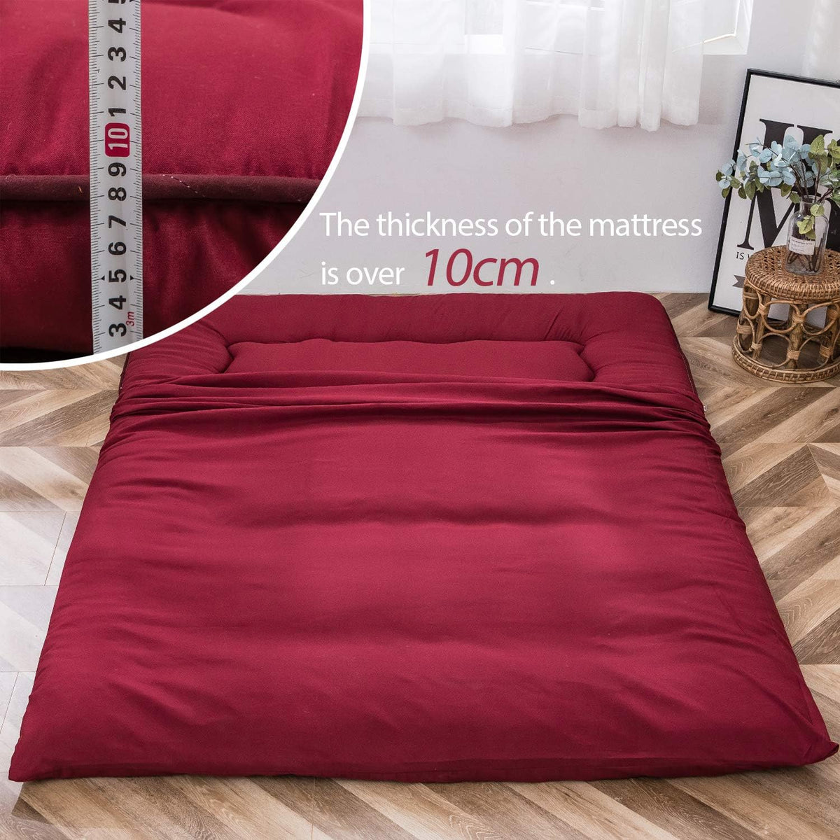 MAXYOYO Japanse futonmatras voor op de vloer, dikker tatami-slaapkussen, opvouwbare oprolbare slaapzaal mat pad vloerligstoel kussen bed (Bourgondië, eenpersoons)