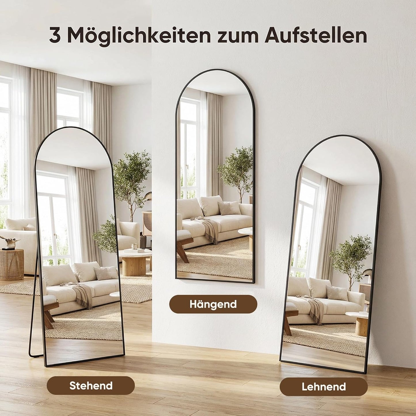 Vloerspiegel – Passpiegel – Staande Spiegel – Wandspiegel – Full-Body Spiegel – 194x87 cm – Aluminium Frame – Onbreekbaar Glas – Zwart – Gebogen Design