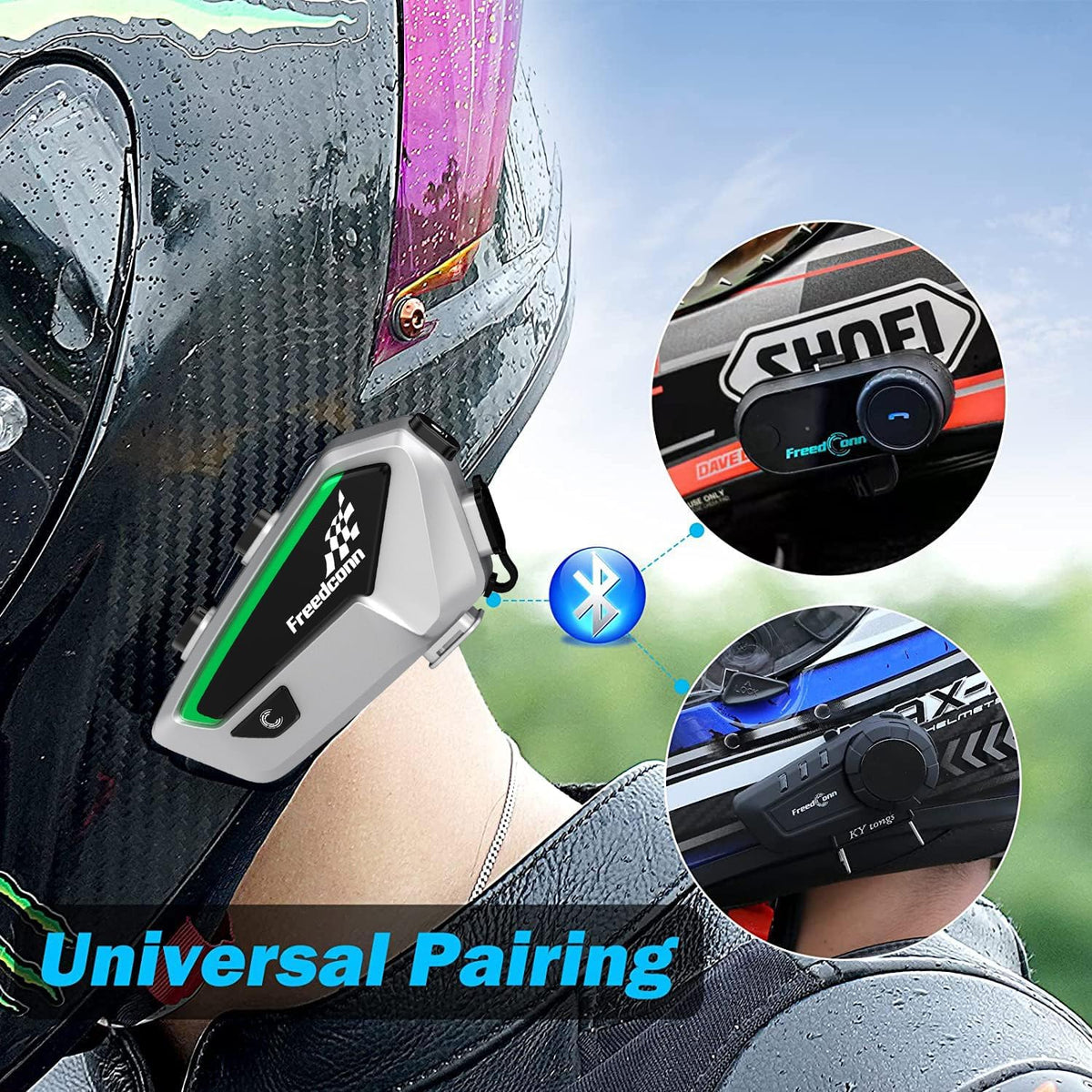 FreedConn FX Motorfiets Bluetooth Headset met Muziek Delen, 2 stks FX 10 Riders 1500m Groep Helm Bluetooth Intercom met Ruisonderdrukking/FM Radio, /Universele Koppeling/Zilver Ultradunne Body