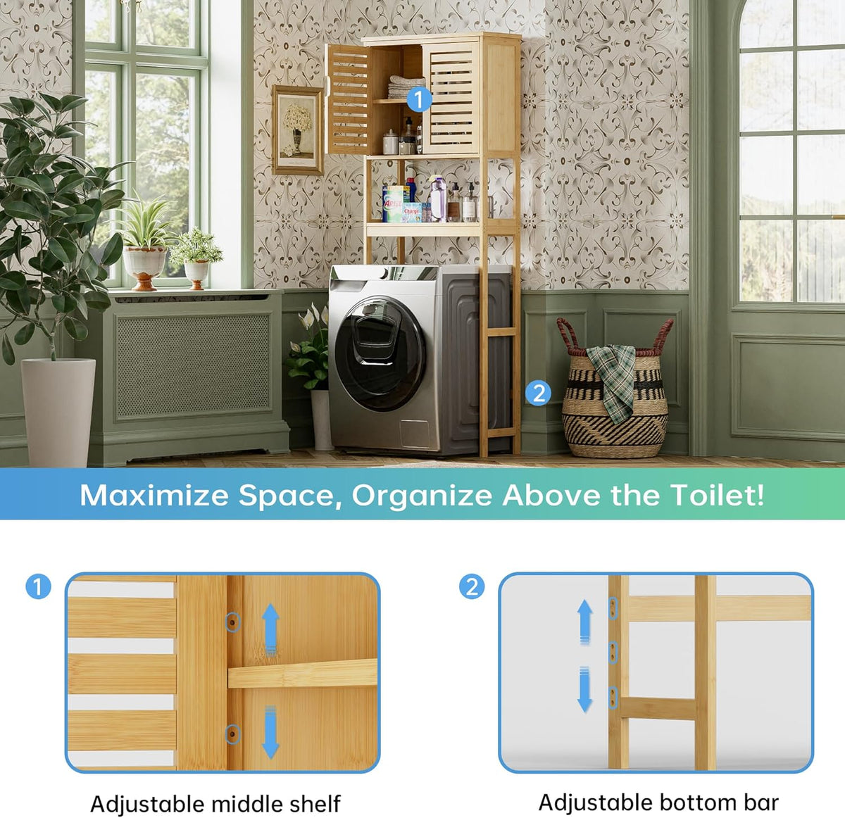 SMIBUY Badkamer boven het toilet opbergkast, 2-deurs bamboe kast organizer, vrijstaand ruimtebesparend toiletrek met verstelbare binnenplank en open plank (natuurlijk)