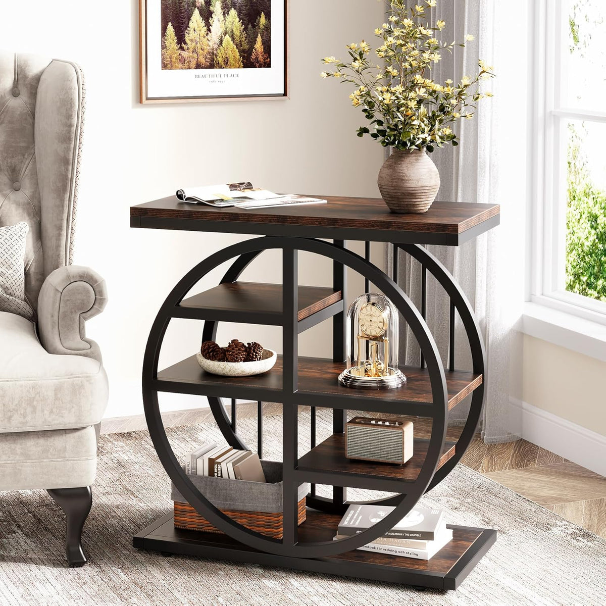Tribesigns 5 Tier Side Table, Narrow Wood, 60 x 30 cm, Coffee Table, Sofa Table with Metal Frame, Industrial Side Table for Living Room, Tall Narrow Bedside Table for Bedroom (2 Sets)