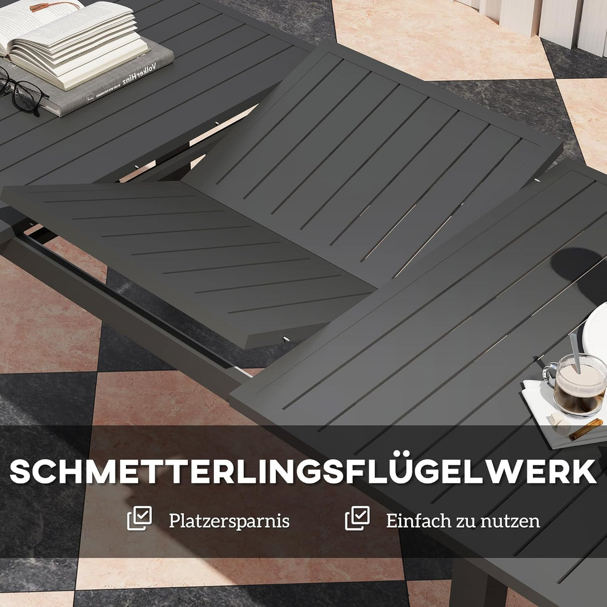 Outsunny Gartentisch Erweitert Aluminium 160/220x90cm Wetterfest Balcony, rutschfest Buffettisch Camping for 6-8 Persons, Outdoor Essisch für Garten, Terrasse Balcony Grau - QUORE