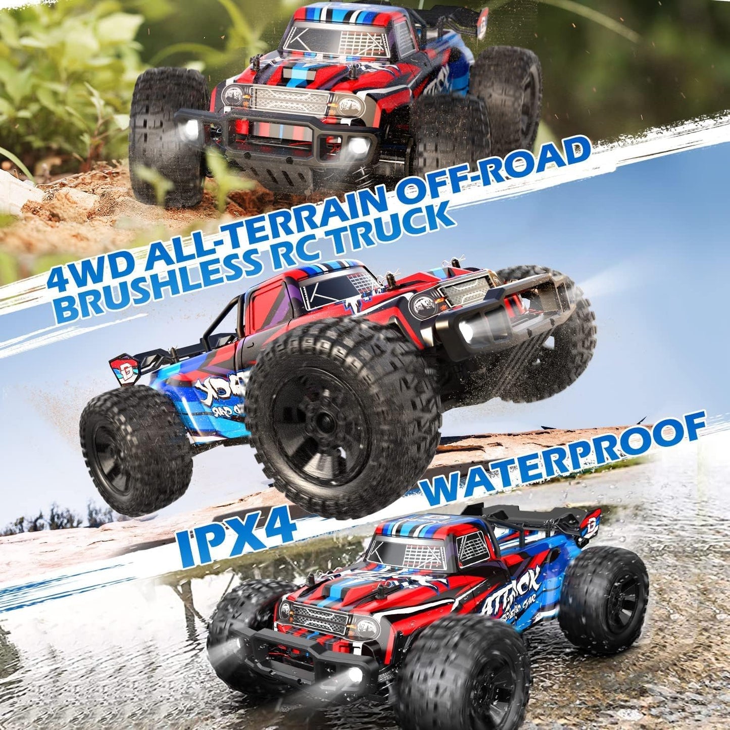 DEERC Op afstand bestuurde auto, schaal 1:10, snelle borstelloos, voor volwassenen, 4WD 60+ km/u, hoge snelheid, 2,4 GHz, off-road RC crawler, 40+ minuten speeltijd, cadeau voor jongens (210E)
