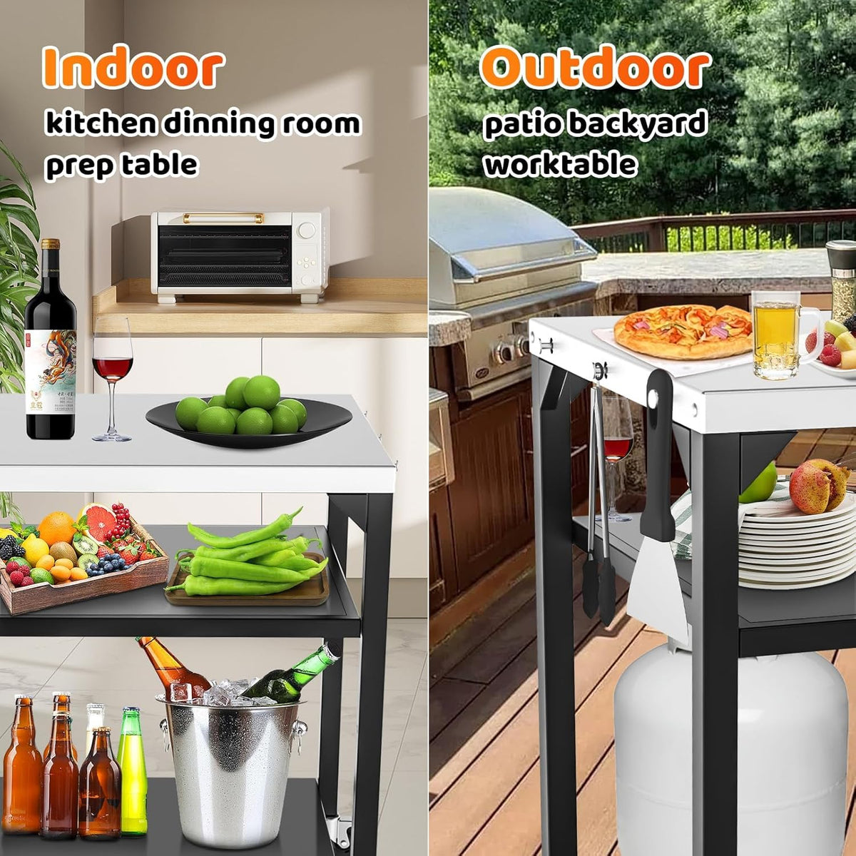 GFTIME Pizza tafelwagen voor Ooni, Ninja Woodfire, Blackstone Griddle, Weber Q, grote rollende keukeneiland-multifunctionele wagen, outdoor grillstandaard, roestvrij staal, grilltafel, grillwagen met
