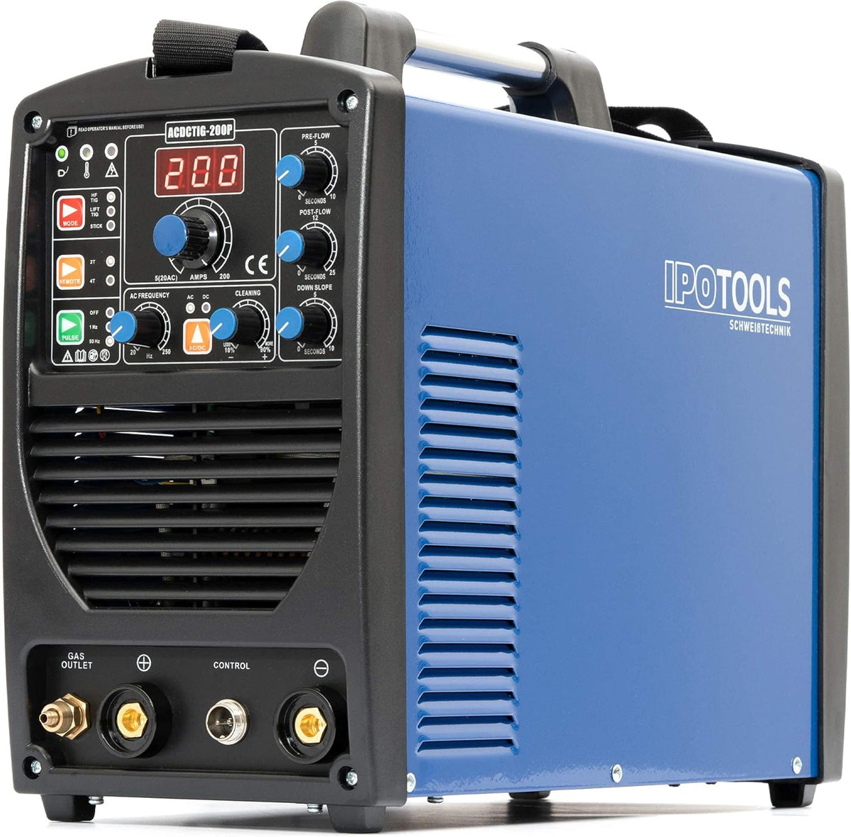 IPOTOOLS ACDCTIG 200P WIG Lasapparaat, AC/DC, lasapparaat met 200 ampère, volledig digitaal inverter-lasapparaat, inclusief HF-ontsteking, pulsfunctie, MMA/E-hand, IGBT
