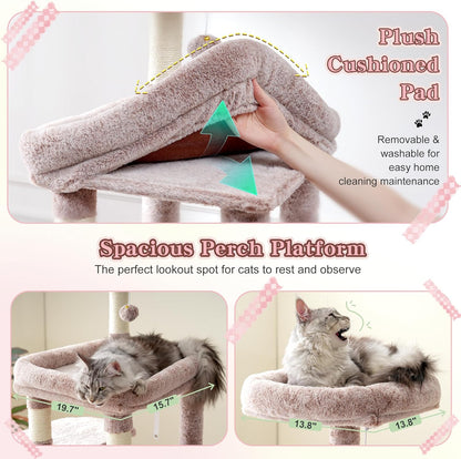 Heybly Scratching Post, 180 cm Scratching Post Large with Extremely Stable Base, XL Platform, Large Cat House, 2 Hammocks, Multi-layer Cat Furniture for Maine Coon and Other Large Cats, Brown-Beige HCT037MU - QUORE